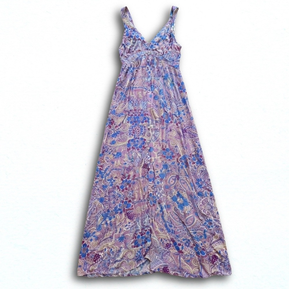 Lovestitch Purple Blue Paisley Floral Button Front Maxi Dress Strappy Back Med